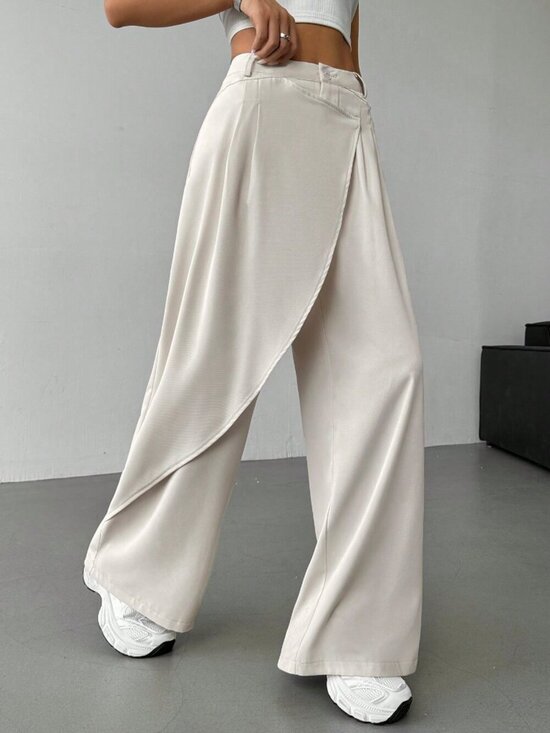 MODA ME COUTURE Pants - Beige Casual Women's Minimalist Asymmetrical Loose Wide-Leg Pants